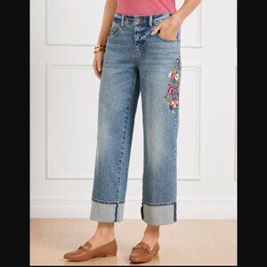 Talbots Floral Embroidered Blue Denim Wide Leg Straight Ankle Cuff Jeans NEW